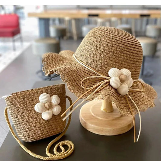 Summer Baby Flower Straw Hat With Handbag Bags 2pcs Set For Kids Little Girls Sun Cap Visor UV Protection Panama Hat gorras