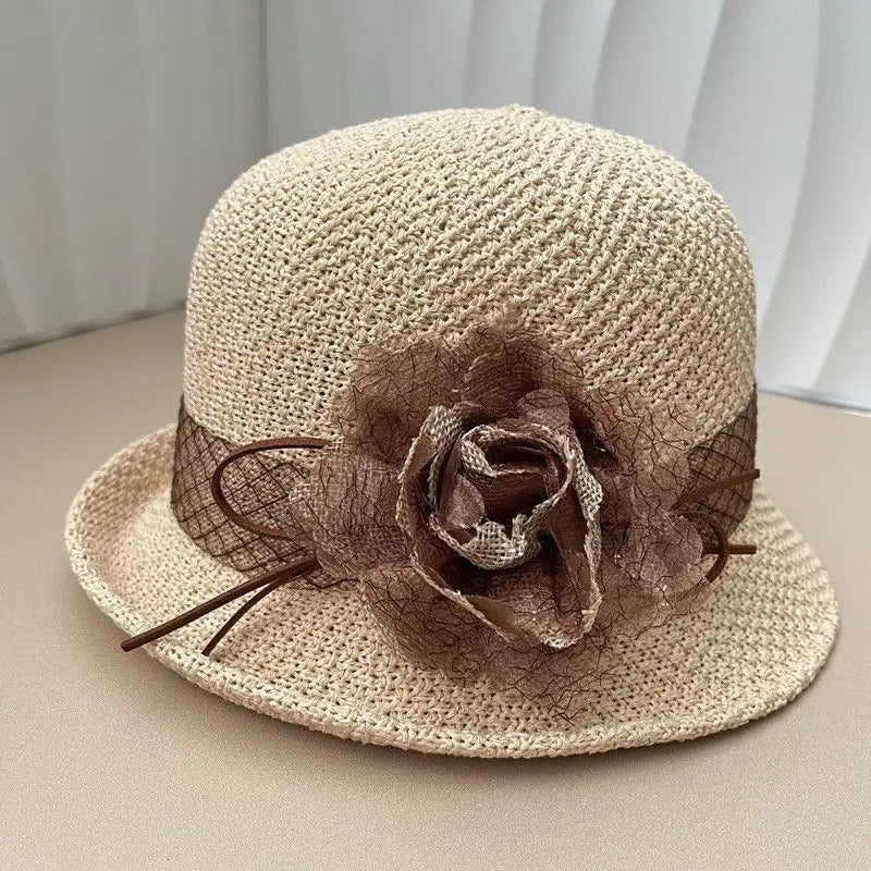 Hat for Women's New Summer Round Top Curled Edge Top Hat Sun Protection BreathabeMiddle-aged and Elderly Mothers Sun Hat Party