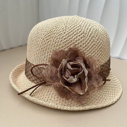 Hat for Women's New Summer Round Top Curled Edge Top Hat Sun Protection BreathabeMiddle-aged and Elderly Mothers Sun Hat Party