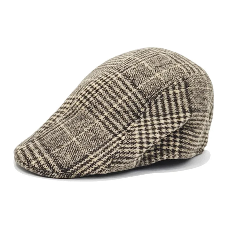 Fall Winter Men Beret Pu Plaid Peaked Forward Cap for The Middle Elderly Men Dad Grandpa Thick Ear Protection Military Hat Beret