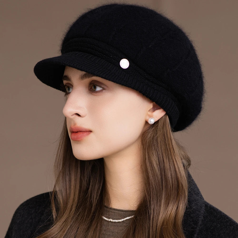 New Women Fashion Winter Hat With Brim Plush Fur Lined Chic Hats For Women Casual Rabbit Fur Blend Streetwear Knitted Cap