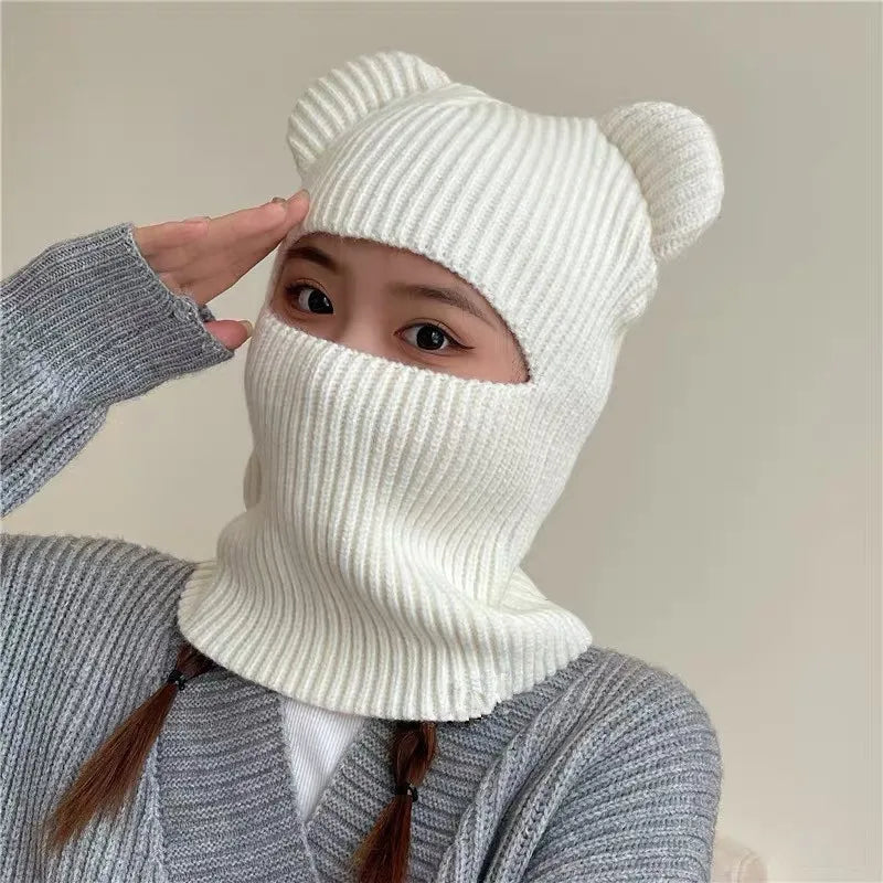 Warm Cycling Caps Winter Knitted Ski Scarf Hat Bear Ear Balaclava Hat Bonnets Beanie for Men Women Outdoor Sports Hooded