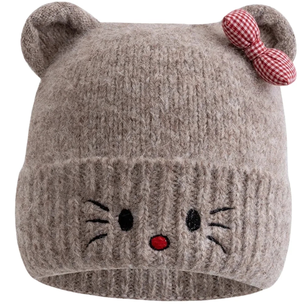 Hot Sale Women Loose Beanie Hat With Cute Cat Ear Lovely Bow Style Winter Knitted Hats For Female Streetwear Winter Hat