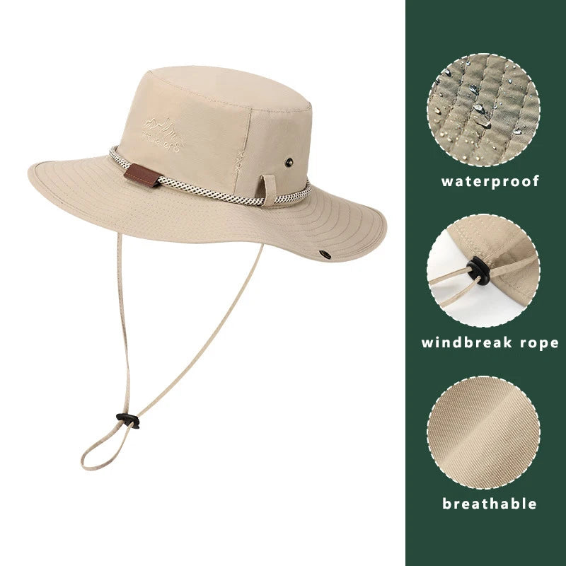 Men Bucket Hat Summer Leather Rope Chain Sun Hat Waterproof Outdoor Hiking Fishing Cap Uv Protect Cowboy Hat Sunshade Breathable
