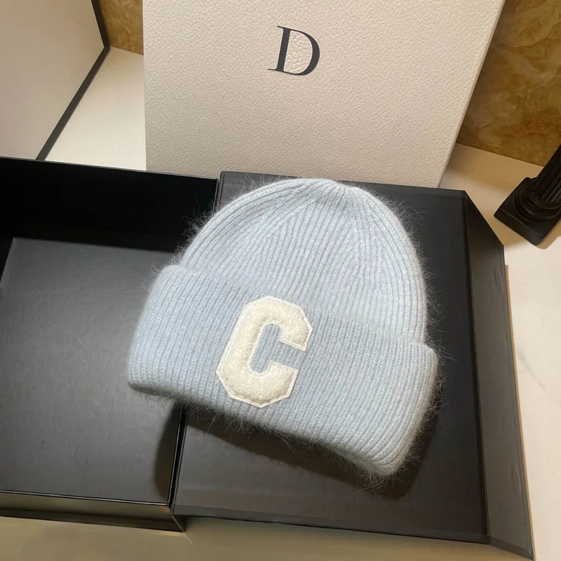 Unisex Fashion C Letter Desig Knitted Hat Winter Autumn Rabbit Fur Beanie Cap Brand Female Thicken Warm Skullies Caps bicycle