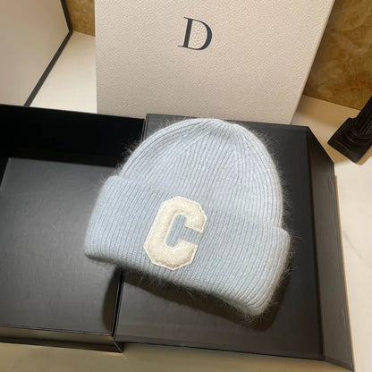 Unisex Fashion C Letter Desig Knitted Hat Winter Autumn Rabbit Fur Beanie Cap Brand Female Thicken Warm Skullies Caps bicycle