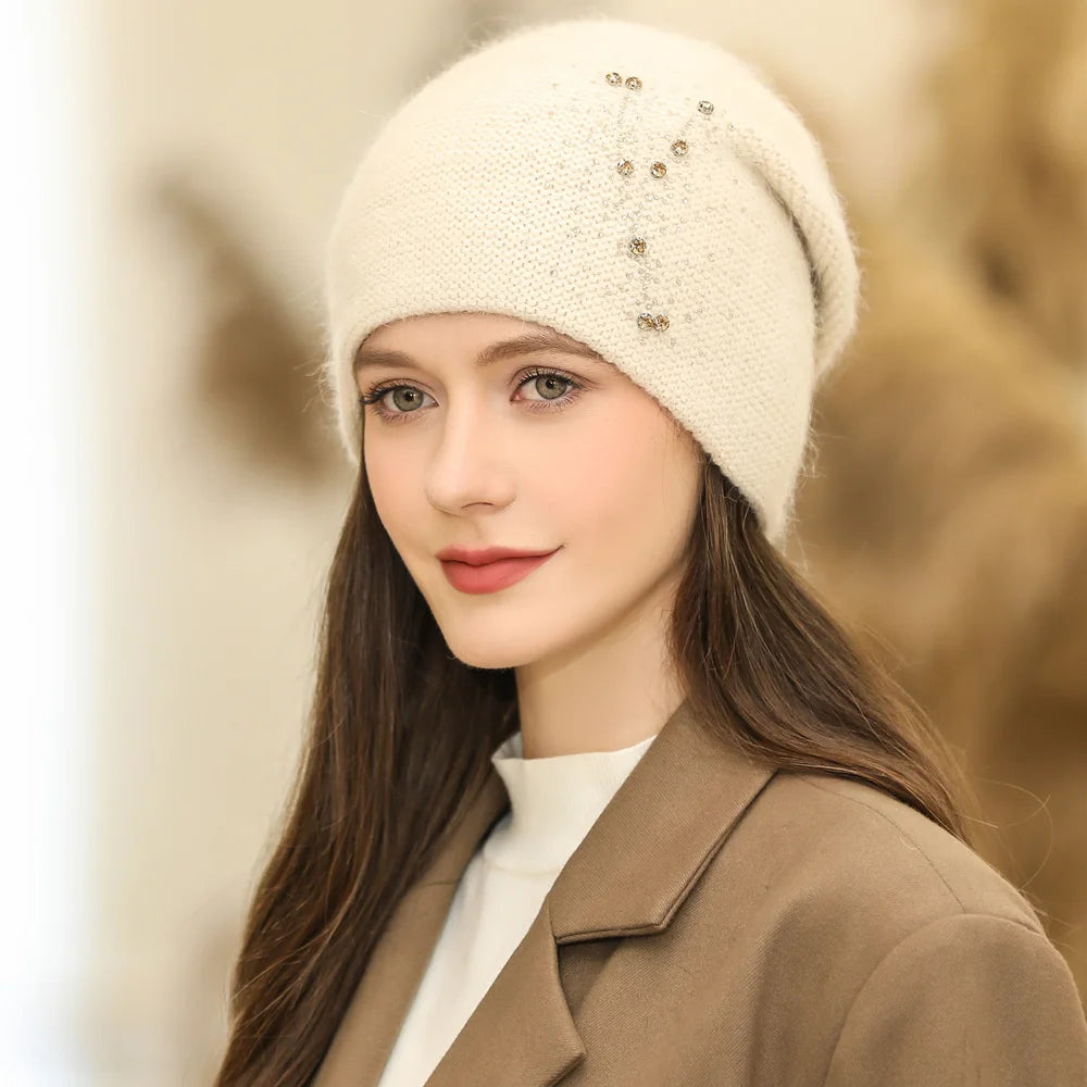 New Women Winter Hat Fashion Decorate Beanie Hat Rabbit Fur Blend Warm Winter Cap For Female Casual Streetwear Knitted Hat