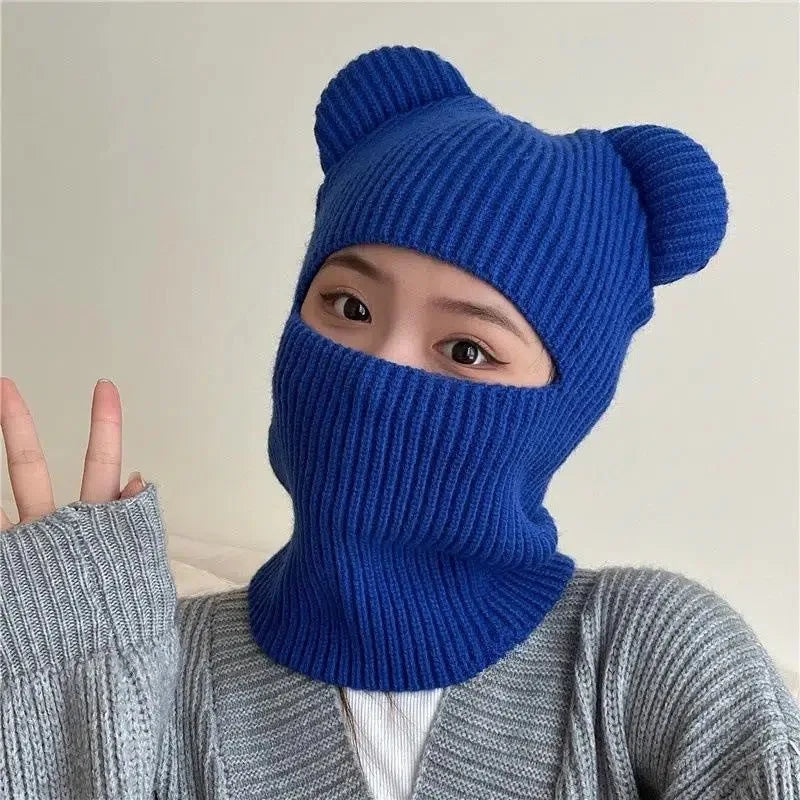 Warm Cycling Caps Winter Knitted Ski Scarf Hat Bear Ear Balaclava Hat Bonnets Beanie for Men Women Outdoor Sports Hooded