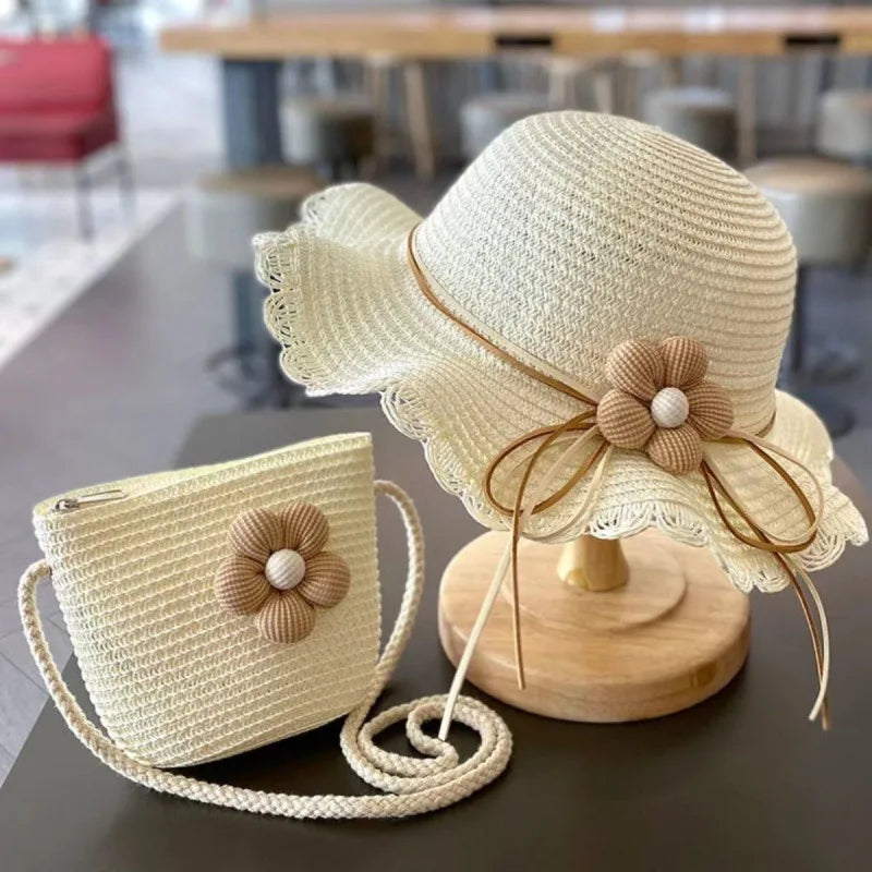 Summer Baby Flower Straw Hat With Handbag Bags 2pcs Set For Kids Little Girls Sun Cap Visor UV Protection Panama Hat gorras