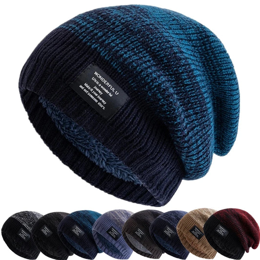 Hot Sale Women Slouchy Winter Hats Plush Fur Lined Beanie Cap Female Winter Mixing Color Label Decor Knitted Hats