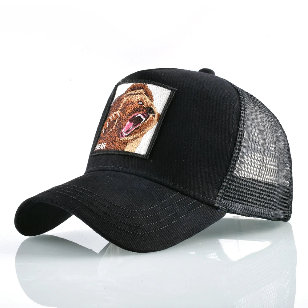 Unisex Black Baseball Cap With Animals Embroidery Patch For Men Women Fashion Snapback Hip Hop Trucker Hat Adjustable Breathable