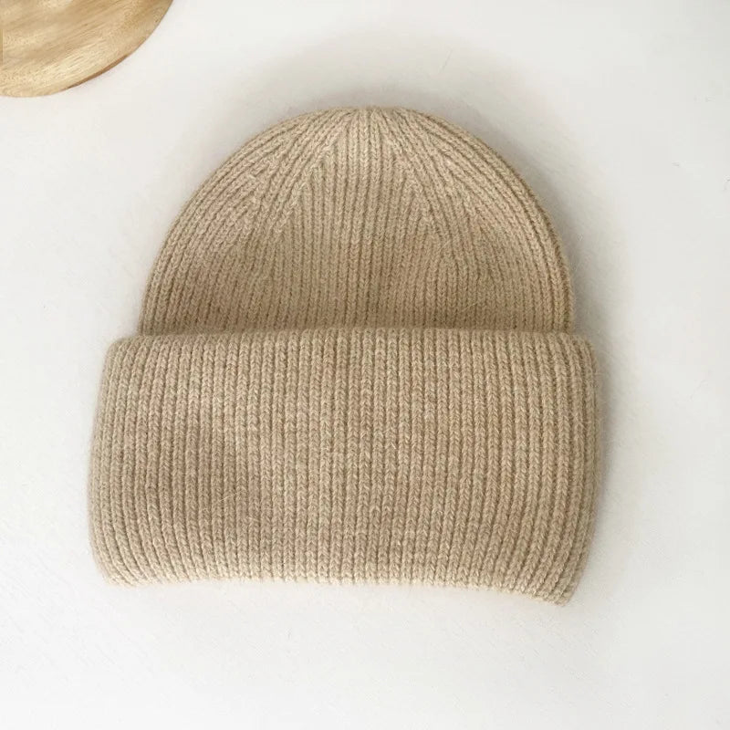 Fashion Warm Cashmere Wool Skullies Cap Angola Rabbit Fur Winter Knitted Beanies Women Female Ski Outdoor Solid Color Hats