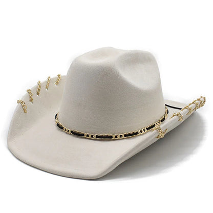 Trendy Western Cowboy Hat for Men And Women with Metal Chain Wide Brim Suede Visor Fashion Jazz Cap