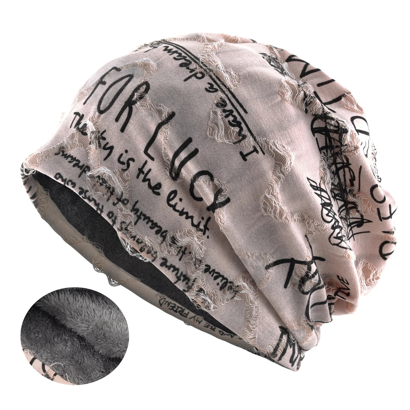 Letter Print Beanie Hat For Women Men Vintage Distressed Cracked Design Wasteland Style Warm Fleece-lined Skullis Beanie Winter
