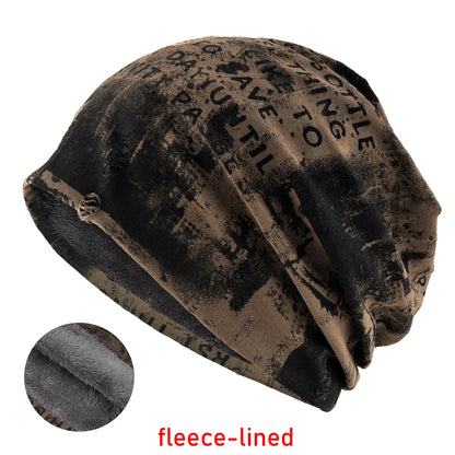 Letter Print Beanie Hat For Women Men Vintage Distressed Cracked Design Wasteland Style Warm Fleece-lined Skullis Beanie Winter