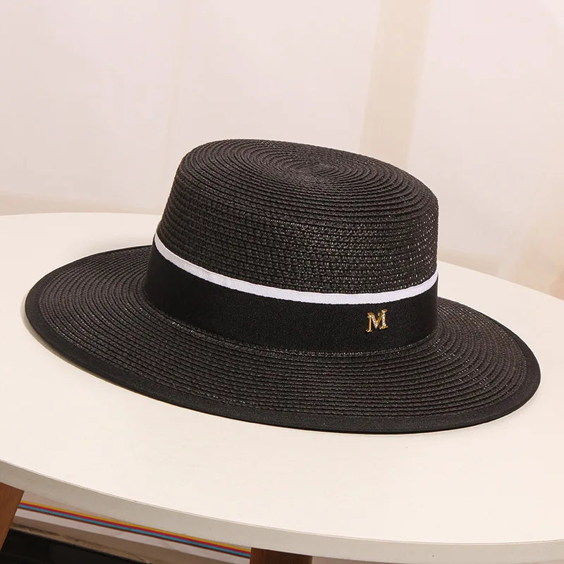 Women's Summer Outing on The Beach Sun Shading Sun Protection Straw Hat  Woven Flat Top British Top Hat