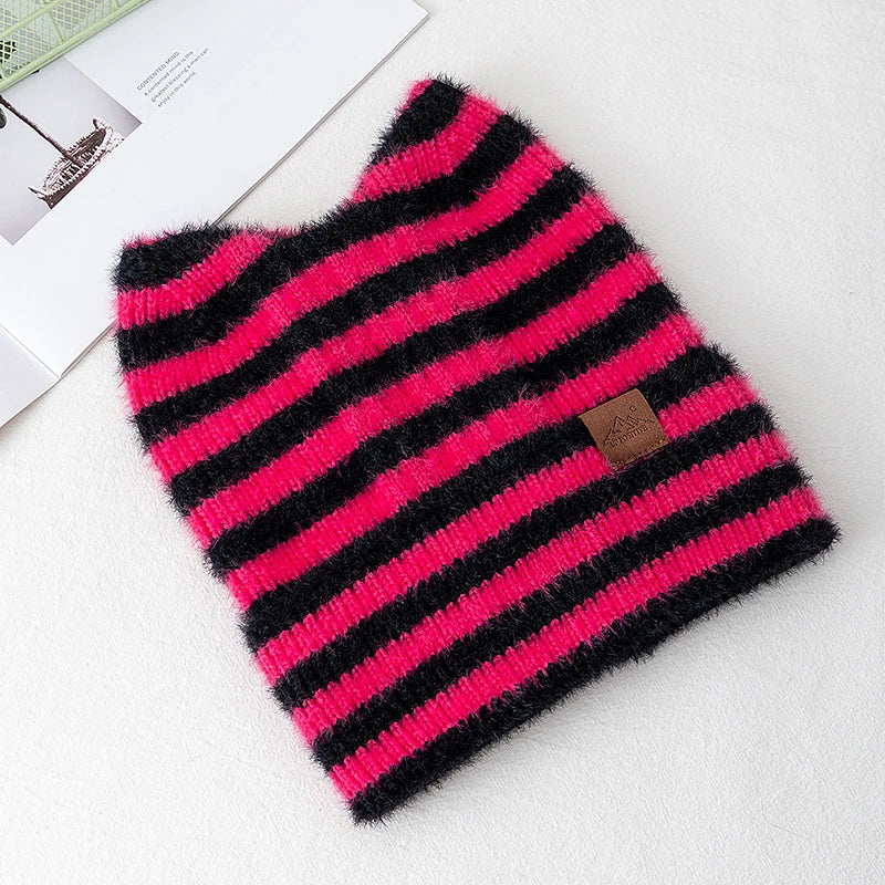 New Style Lovely Hat Cat Ear Beanie Cap Winter Hats For Women Y2K All Stripes Fashion Outdoor Warm Hat Beanie Warm Cap For Girl