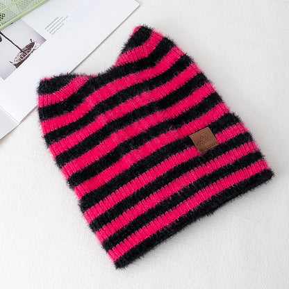 New Style Lovely Hat Cat Ear Beanie Cap Winter Hats For Women Y2K All Stripes Fashion Outdoor Warm Hat Beanie Warm Cap For Girl