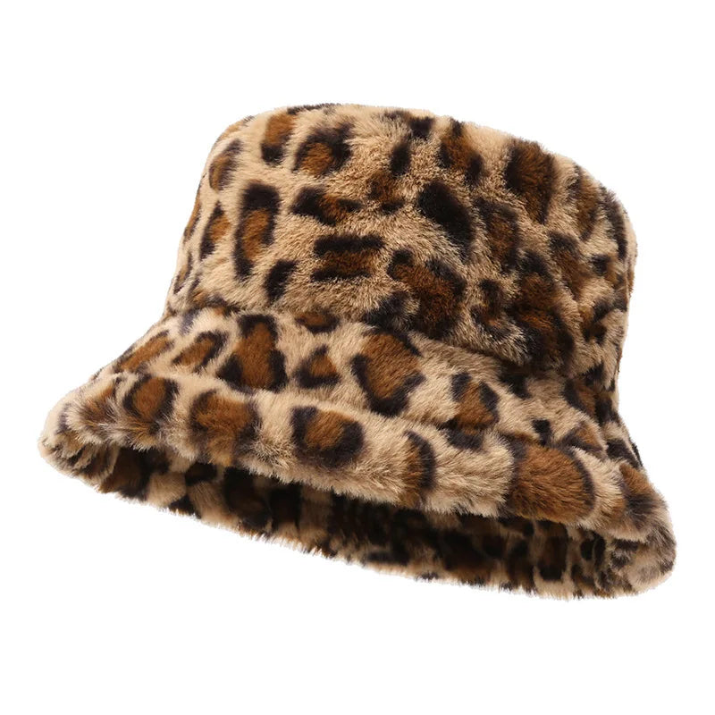 Women'S Leopard Print Plush Bucket Hat - Adjustable, Lightweight Winter Hat with Fluffy Faux Fur Trim Casual & Stylish