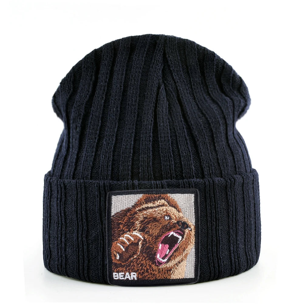 Unisex Black Beanie Hat With Animals Embroidery Patch Knitted Skull Cap For Men Women For Autumn Winter Streetwear Bonnet Hats