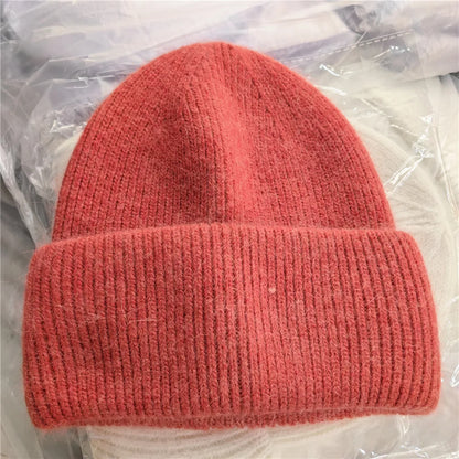 Fashion Warm Cashmere Wool Skullies Cap Angola Rabbit Fur Winter Knitted Beanies Women Female Ski Outdoor Solid Color Hats
