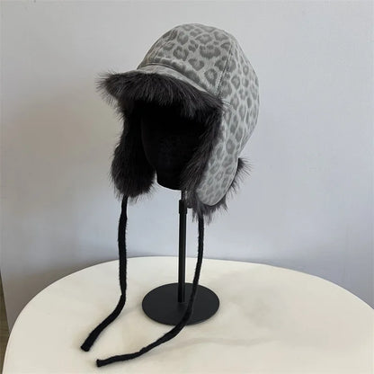 Unisex Leopard Print Winter Bomber Hat – Faux Mink Fur Ski Cap with Ear Protection
