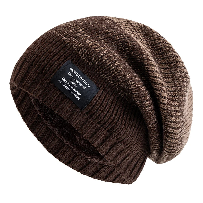 Hot Sale Women Slouchy Winter Hats Plush Fur Lined Beanie Cap Female Winter Mixing Color Label Decor Knitted Hats