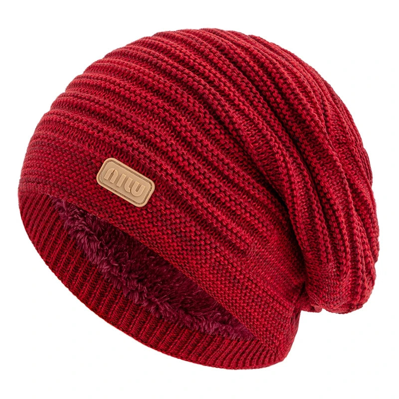New Style Unisex Slouchy Winter Hats Men Women Striped Mix Warm Beanie Cap NIU Label Decor Plush Fur Lined Winter Knitted Hat