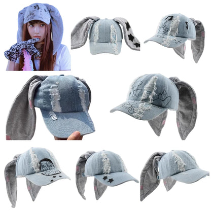 Korean Fashion Baseball Cap For Punk Ripped Retro Denim Jeans Graffiti Cool Long Rabbit Ear Street Hip Hop Sun Hats Visors