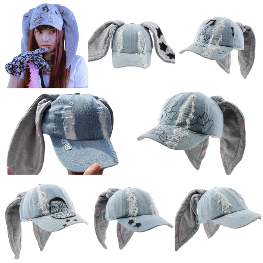 Korean Fashion Baseball Cap For Punk Ripped Retro Denim Jeans Graffiti Cool Long Rabbit Ear Street Hip Hop Sun Hats Visors