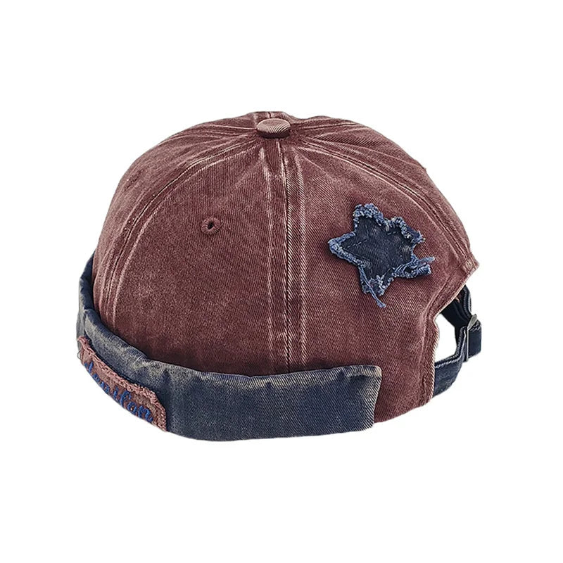 Unisex Washed Brimless Docker Cap – Star Splicing Letter Adjustable Vintage Hip Hop Beanie Hat