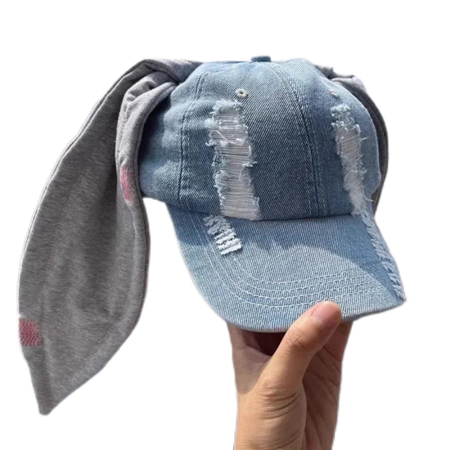 Korean Fashion Baseball Cap For Punk Ripped Retro Denim Jeans Graffiti Cool Long Rabbit Ear Street Hip Hop Sun Hats Visors