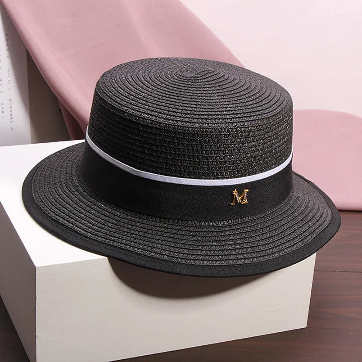 Women's Summer Travel Beach Jazz Hat Seaside Sunshade Sun Protection Straw Hat Flat Top British Hat Straw Woven