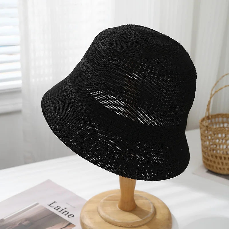 Spring Summer Hat Women Hollow Breathable Knitted Bucket Hat Casual Sunshade Sunhat Solid Simple 2025 New Bob Cap Female