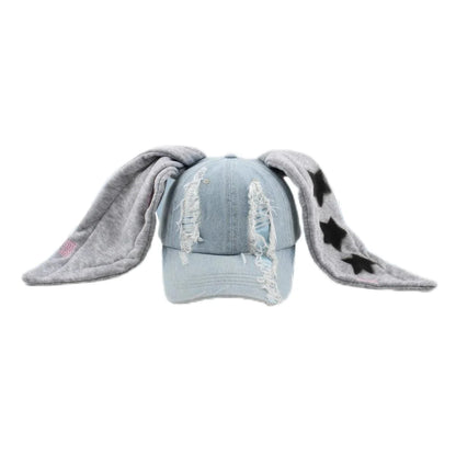 Korean Fashion Baseball Cap For Punk Ripped Retro Denim Jeans Graffiti Cool Long Rabbit Ear Street Hip Hop Sun Hats Visors
