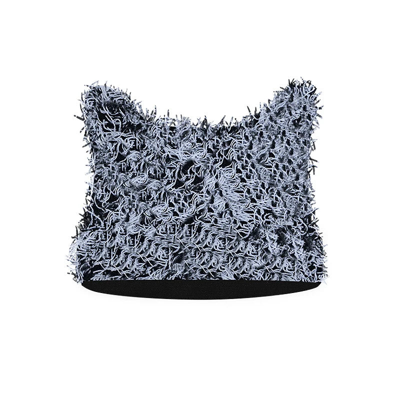 Hip Hop Distressed Knitted Caps Unisex Winter Y2k Cat Ears Little devil Beanies Outdoor Fuzzy Thick Warm Balaclava Hat