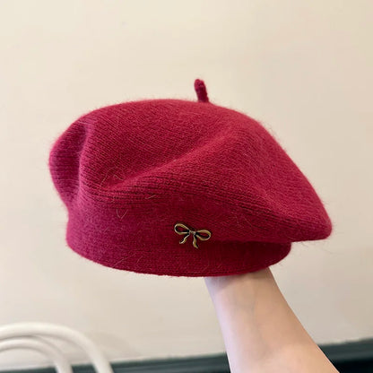 ‌Korean-Style Metal Bow Knitted Beret Women's Autumn/Winter Casual Street Painter's Hat Trendy Warm Beanie for Daily Outfit New