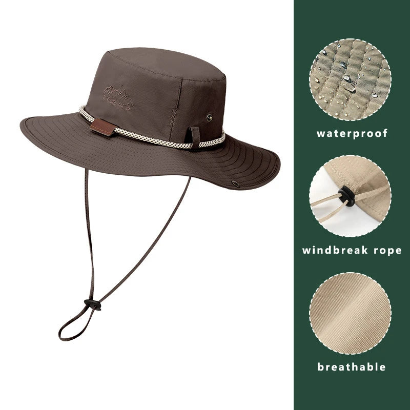 Men Bucket Hat Summer Leather Rope Chain Sun Hat Waterproof Outdoor Hiking Fishing Cap Uv Protect Cowboy Hat Sunshade Breathable