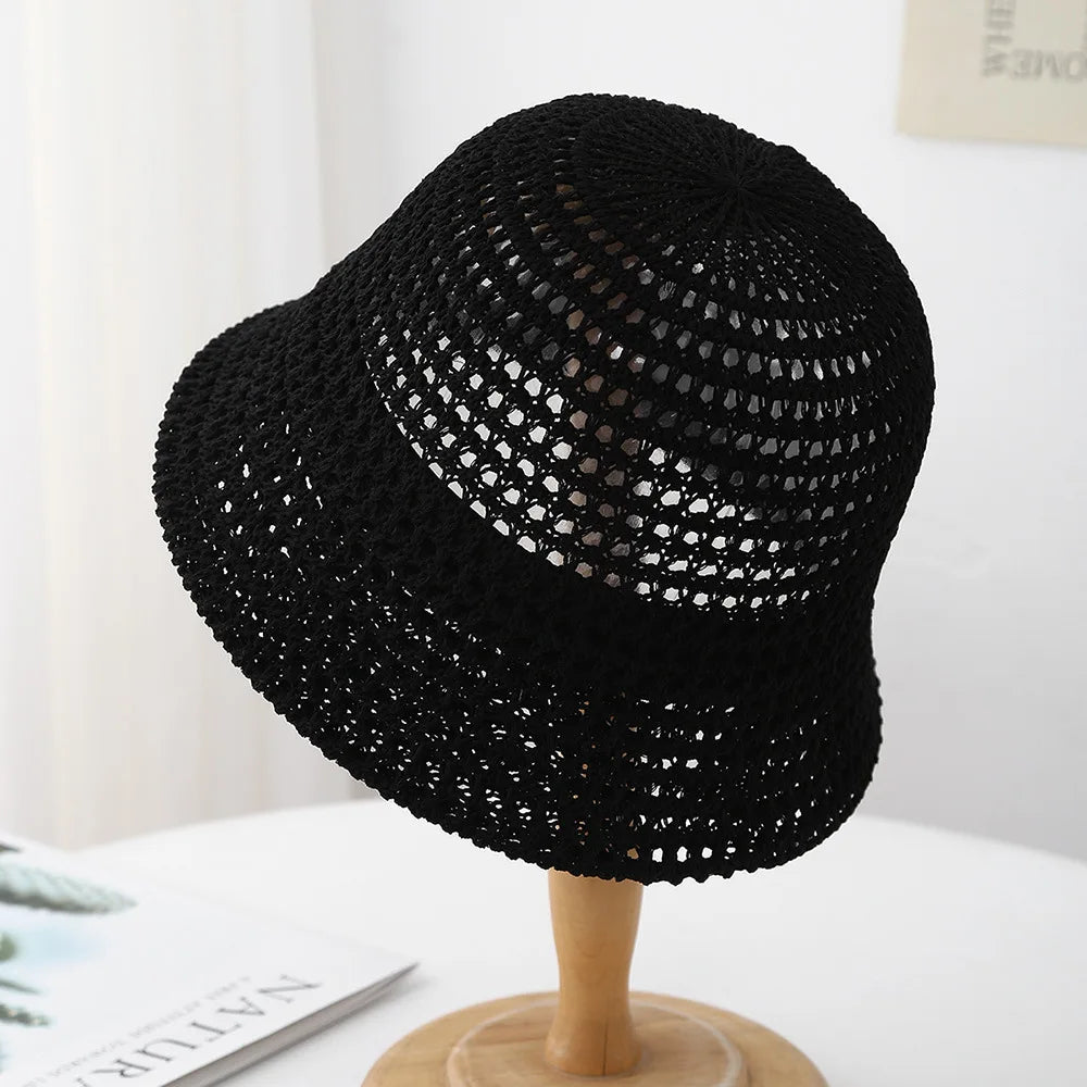 Spring Summer Knitted Bucket Hat for Women Foldable Sun Hat Breathable Beach Cap Outdoor Travel Casual Chic 2025 New Sunhat
