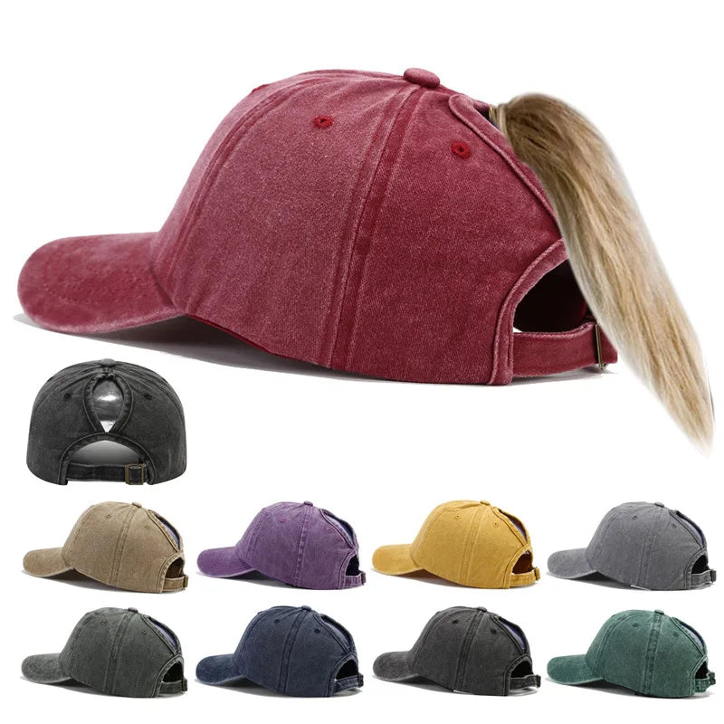 1Pcs Trendy Lightweight Cotton Cap Distressed Look, Sunshade, Adjustable Fit & Ponytail-Friendly for Stylish Women