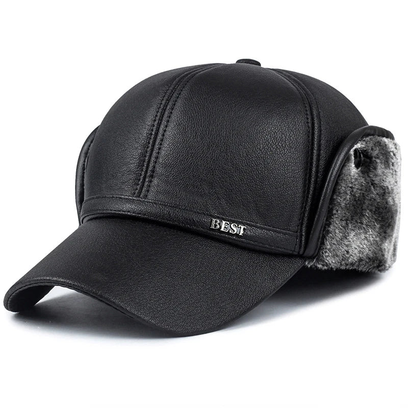 Men’s Faux Leather Baseball Cap with Ear Flaps Winter Warm Outdoor Hat
