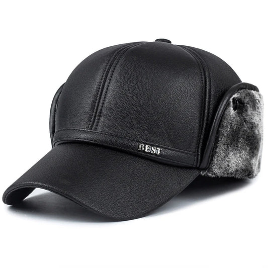 Men’s Faux Leather Baseball Cap with Ear Flaps Winter Warm Outdoor Hat