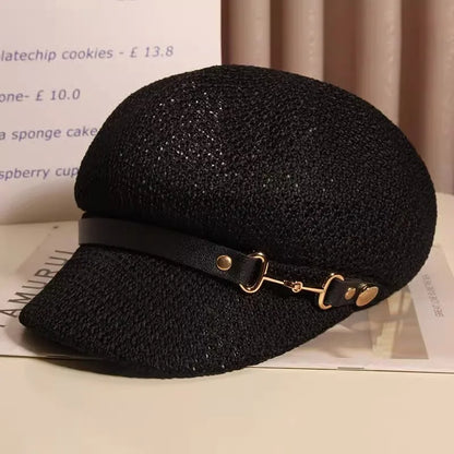 Hollow Breathable Leather Buckle Octagonal Hat  Classic Woven Straw Hat Casual Versatile Literary Sunshade Painter Hat
