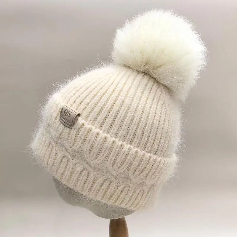 Winter Warm White Rabbit Fur Knitted Hat For Women 2025 Winter Beanie With Fox Fur Pompom Snow Outdoor Casual