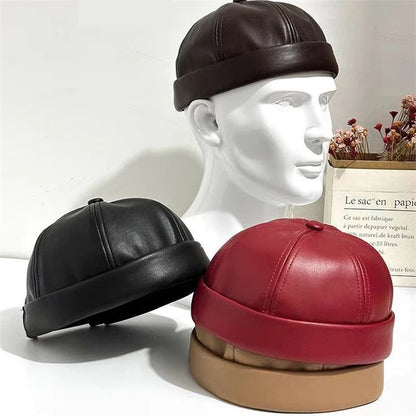 Unisex PU Leather Brimless Docker Cap – Retro Solid Color Hip Hop Melon Hat