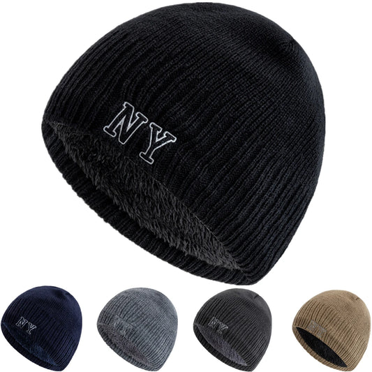 New Style Unisex Autumn/Winter Hats Plush Fur Lined Men Women Warm Beanie Cap Casual NY Printing Winter Ski Knitted Hats