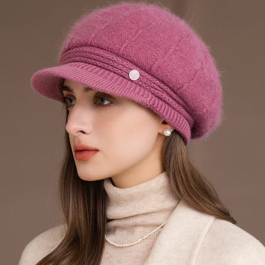 New Women Fashion Winter Hat With Brim Plush Fur Lined Chic Hats For Women Casual Rabbit Fur Blend Streetwear Knitted Cap