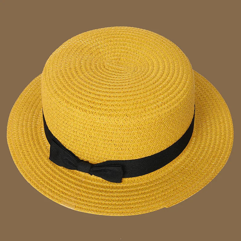 Spring and Summer New Straw Knitted Bow Straw Hat Korean  Fashion and Leisure Foldable Beach Flat Top Short Eaf Straw Hat