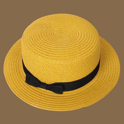 Spring and Summer New Straw Knitted Bow Straw Hat Korean  Fashion and Leisure Foldable Beach Flat Top Short Eaf Straw Hat