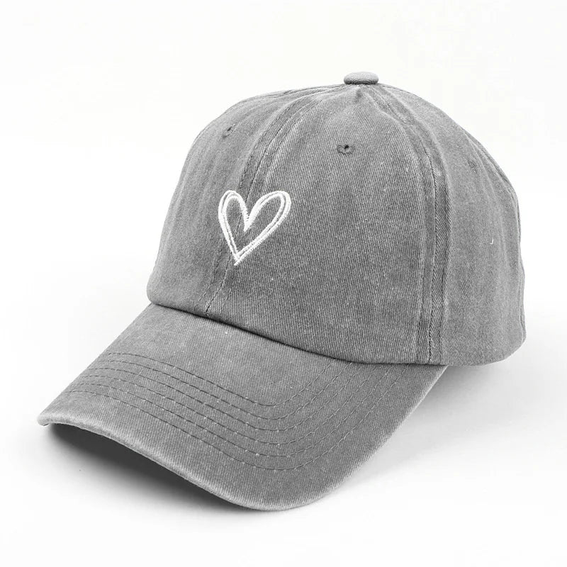 Unisex Denim Baseball Cap – Peach Heart Embroidery Soft Dad Hat Retro Y2K Snapback Sun Hat (Couple Style)